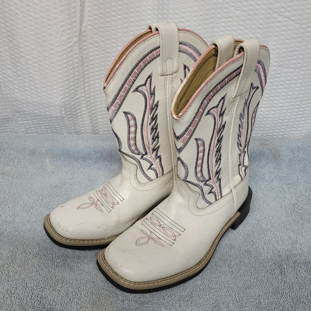 Smoky Mountain Boots Kids White Leather Western‎ Cowboy Boots 3247C Size 1.5 R